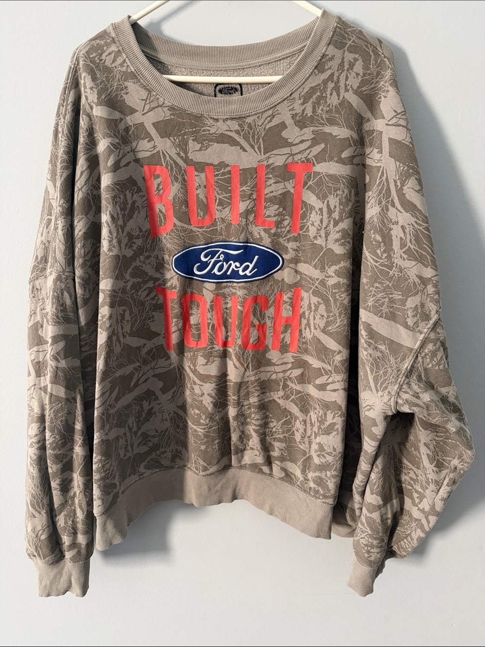 Ford Taupe Camo Crewneck Sweatshirt with Red Text